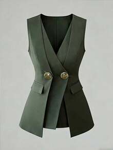 Elenzga Áo kiểu công sở thanh lịch dành cho nữ, cổ chữ V, không tay, cài khuy hai lớp, đính cúc kim loại cỡ lớn, thích hợp cho mùa xuân/hè. - xanh quân đội - Xem 1