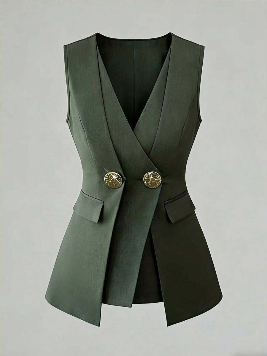 Elenzga Áo kiểu công sở thanh lịch dành cho nữ, cổ chữ V, không tay, cài khuy hai lớp, đính cúc kim loại cỡ lớn, thích hợp cho mùa xuân/hè. - xanh quân đội - Xem 1
