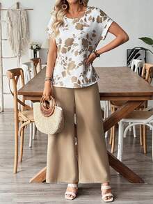SHEIN LUNE Damen Lässig Blumen Muster Fledermausärmel Top und weite Hose Set, geeignet für Frühling, Sommer, Herbst - Verschiedenfarbig - Übersicht 4