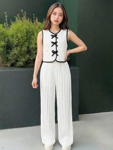 Young Girls Summer New Elegant V-Neck Sleeveless Crop Top + Pleated Loose Casual Pants 2-Piece Set, Suitable For Daily, Commuting, Outing And Vacation - White - View 3