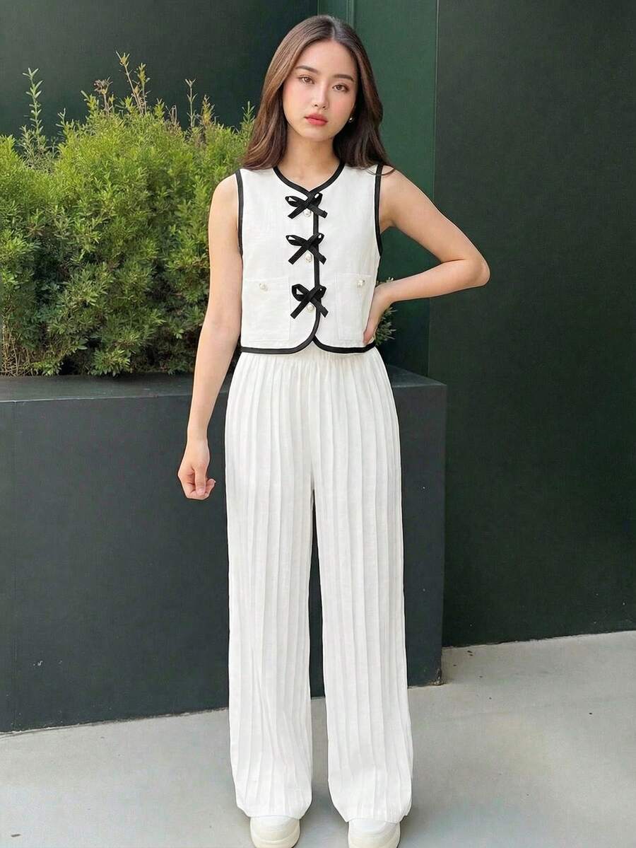 Young Girls Summer New Elegant V-Neck Sleeveless Crop Top + Pleated Loose Casual Pants 2-Piece Set, Suitable For Daily, Commuting, Outing And Vacation - White - View 1