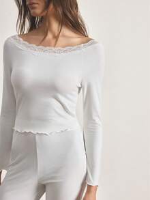 Ocili 2pcs Women Comfortable Cotton Frill Trim Long Sleeve Top And Pants Pajama Set, Sleepwear - White - View 6