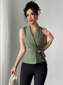 SHEIN Unity Women's Solid Color Wrapped Pleated Sleeveless Blouse, Elegant For Spring And Summer - Olive Green - View 3