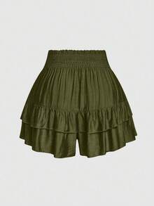 SHEIN LUNE 大码 Holidaya 纸袋腰荷叶边阔腿短裤 - 軍綠色 - 查看 2