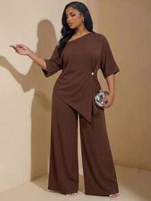 Chikora 大码女式纯色不对称下摆上衣和阔腿裤两件套 - 咖啡棕 - 查看 7