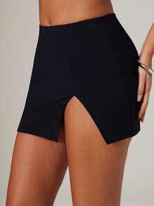 Hauture Women's Ottoman Stretch Rib Skirt With Slit - Black - View 3