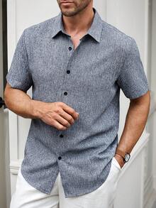 Manfinity Homme Manfinity CasualCool 男士亚麻条纹短袖衬衫，适合夏季日常通勤 - 灰色 - 查看 5