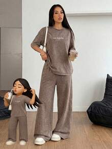 SHEIN PETITE 女士水洗棕色T恤和裤子两件套休闲套装 - 鏽棕色 - 查看 8