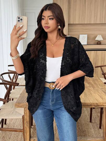 Weeklong Áo khoác cardigan dáng rộng, thanh lịch, tay cánh dơi, nhiều lớp, chất liệu jacquard, dành cho nữ cỡ lớn, thích hợp mặc đi làm, mùa xuân/hè.