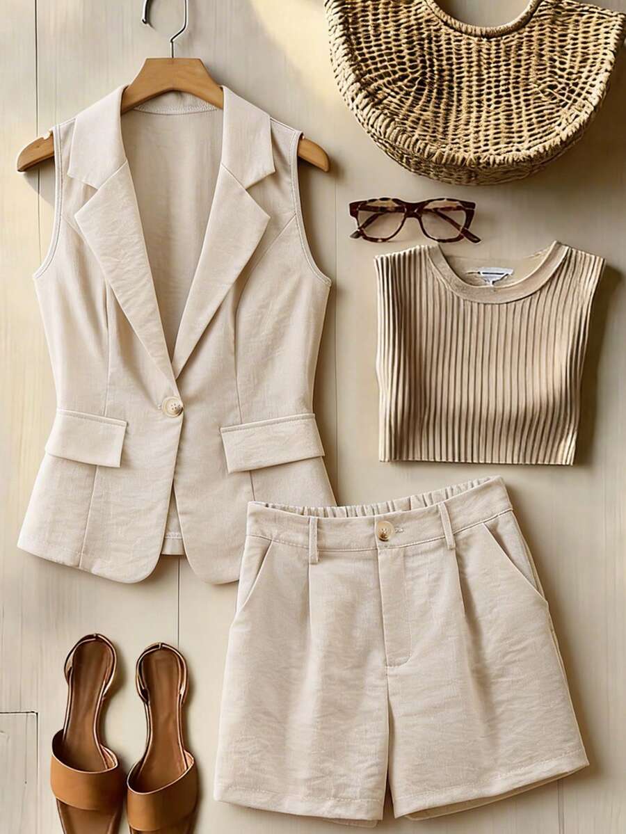 SHEIN Franclia Women's Solid Color Fashionable Casual Versatile Sleeveless Blazer And Shorts Set - Apricot - View 1
