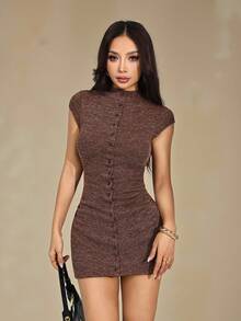 SHEIN PETITE 女士纯色单排扣短袖修身休闲迷你连衣裙，女士秋季服装，女士秋季连衣裙，棕色连衣裙，女士冬季服装，万圣节服装，派对连衣裙，棕色连衣裙 - 棕色 - 查看 9