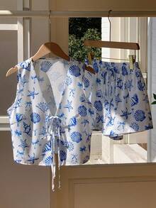 Comfortcana Women's All-Over Print V-Neck Tank Top And Shorts Casual 2 Pieces Set - Baby Blue - View 5