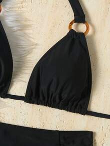 Swim Lushoire 女士新款纯黑色露背性感优雅度假前卫简约派对圣诞两件式泳衣 - 黑色 - 查看 7