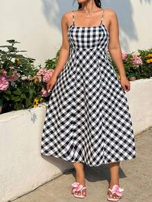 GalTyme 大码休闲格子吊带连衣裙 - 黑與白 - 查看 6
