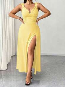 SHEIN Elenzya 2025 New Arrival Plus Size Women's Solid Color Twist V-Neck High Slit Stretchy Knit Party Dress, Versatile & Fashionable Design - Yellow - View 4