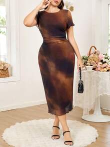 Ellevyn Plus Size Elegant Tie-Dye Print Fitted Dress, Summer - Multicolor - View 5