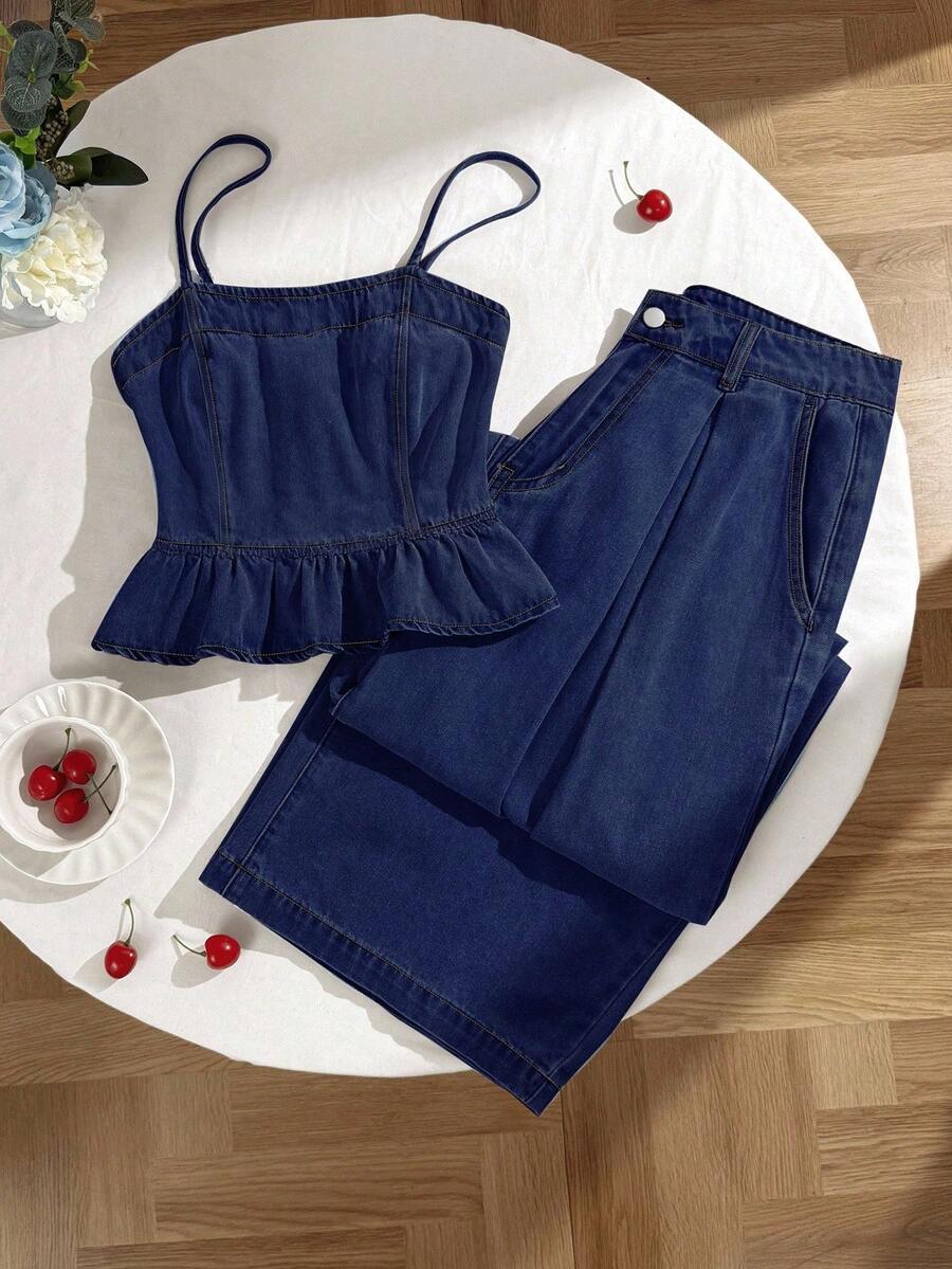 Comfortcana Women's Solid Color Minimalist Camisole Top And Jeans Set - Dark Wash - View 1