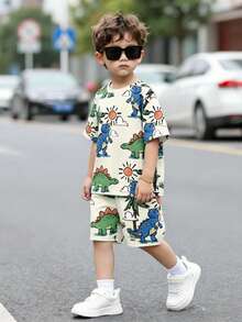 两件套男童恐龙印花圆领短袖T恤和短裤，休闲日常穿搭 - 彩色 - 查看 4