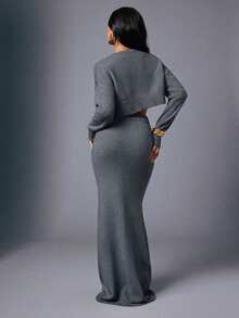 Hauture Sexy Casual Simple Basic Knitted Heather Melange Middle Rise Mermaid Sweater Maxi Skirt - Grey - View 3