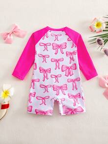 SHEIN 女婴蝴蝶印花荷叶边连体泳衣，适合海滩度假 - 玫紅色 - 查看 2