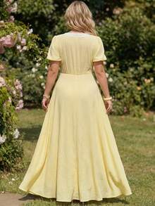 GalTyme 大码女式时尚度假蕾丝拼接V领连衣裙 - 黃色 - 查看 6