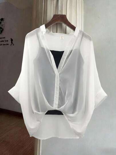 SHEIN LUNE 2pcs/Set Women Solid V-Neck Long Sleeve Top And Camisole Casual Daily Wear Summer Outfit For Women Spring Clothing Beach Vacation Outfits For Women  Going Out Tops  Vacation Outfits Women Vacation Outfits Women Summer Tops Spring Outfits For Women Going Out Tops Women White Top Blusas Casuales Para Dama Blusa Branca Cruise Outfit For Women Women Two Piece Sets Spring Break Outfits