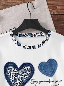 豹纹撞色滚边圆领宽松针织爱心字母图案休闲上衣，适合夏季通勤、居家及所有季节穿着。 - 粉色 - 查看 4