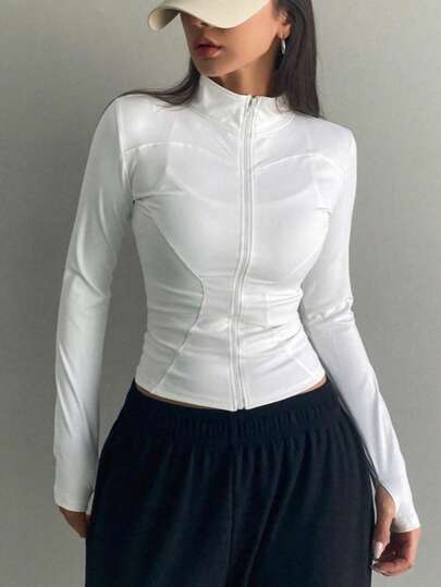 Chaqueta de Yoga para dama con Detalles de Estilo manga larga cuello alto cierre al frente