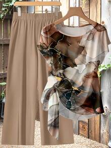 SHEIN Clasi 休闲简约风卡其灰色仿箔抽象花卉图案女式衬衫（带蝴蝶结领带）搭配卡其色宽松直筒裤两件套，适合春夏穿着，复古风格 - 彩色 - 查看 6