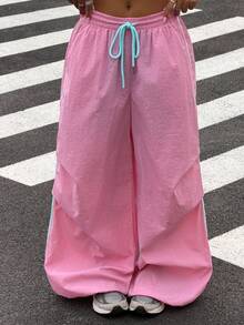 Muchica Casual Sports Colorblock Striped Wide Leg Pants - Pink - View 6