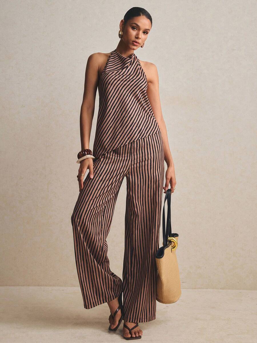 Poéselle Bộ đồ 2 món dành cho nữ: Áo hai dây vạt lệch và quần, kẻ sọc.