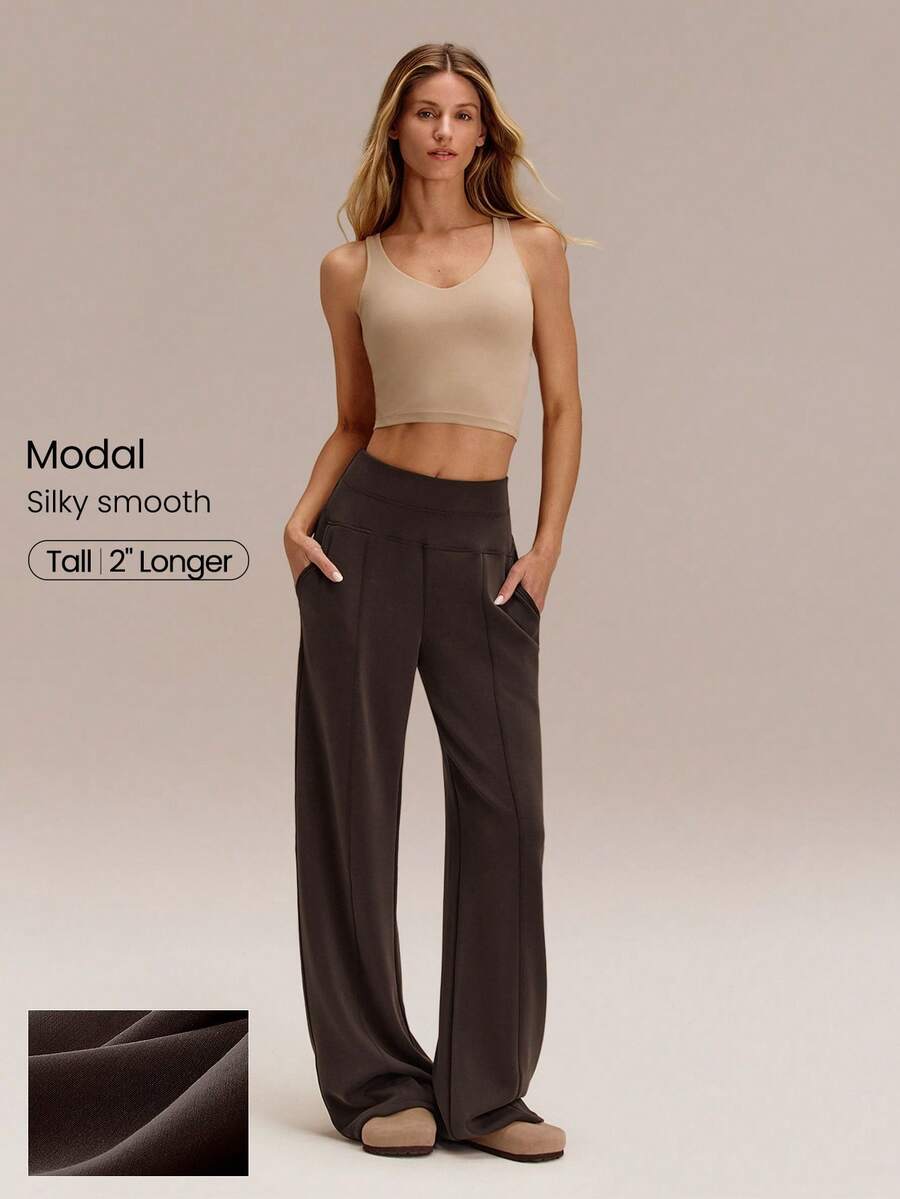GLOWMODE 32'' Tall SoftCalm Modal Glow Soft Silky-Soft Smooth Breathable Relaxed Fit High-Rise Waist Side Pockets Tall Wide Leg Lounge Pants Daily Casual Wear - Brown - View 1