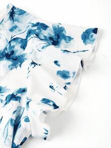 Ellevyn 蓝白碎花V领荷叶袖修身连衣裙，适合工作和约会，夏季浪漫优雅弹力针织印花修身长裙，蓝色连衣裙，婚礼礼服套装，女士蓝色连衣裙，女士碎花连衣裙，伴娘礼服，度假套装，女士夏季连衣裙，女士夏季套装，新款女士连衣裙，休闲裹身裙，婚礼宾客裹身裙，女士碎花连衣裙，荷叶袖连衣裙，蓝色碎花裹身裙 - 藍白色 - 查看 4