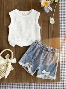 SHEIN Baby Mädchen süßer Prinzessinen-Stil ärmelloses Top mit Schleifen-Dekor und passende Shorts, figurbetonter Schnitt, geeignet für tägliche Ausflüge, Familienfeiern, Geburtstagsfeiern, Freizeitaktivitäten und Fotoshootings - Aprikosenfarben - Übersicht 4