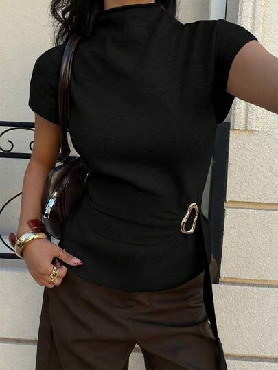 Siren Gaze Women's Versatile Waist Belt For Women Featuring A Stylish Gold Statement Buckle Stand Collar Batwing Short Sleeve Waist Metal Design Casual Knit Top Buckle Top Summer Tops Women Summer Outfits Spring Break Outfits Going Out Tops For Women