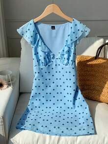 Comfortcana 女士波点印花荷叶边短裙 - 藍色 - 查看 6