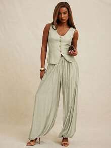 NYA SZN 女士套装（上衣+裤子）上衣背心深V领纽扣修身长裤高腰飘逸褶皱裤适合办公室、商务休闲、日常休闲、早午餐、端庄教堂、秋冬季通勤穿着 - 米色 - 查看 3