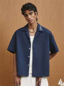 TOKVUE Men's Letter Embroidered Short Sleeve Single-Breasted Casual Shirt - Navy Blue - View 6