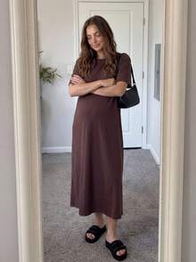 SHEIN Đầm bầu tay ngắn màu trơn, kiểu dáng thường ngày, thích hợp cho mùa hè. - màu nâu - Xem 5