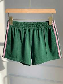 SHEIN Comfortcana Plus Size Casual Sports Style Retro American College Ribbed Shorts Shorts With Stripes Green Festival Athletic Shorts Casual Shorts For Women Green Shorts Women Shorts Teal - Green - View 10