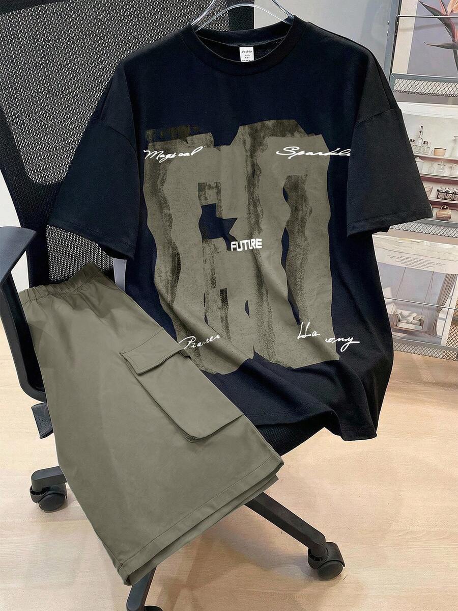 SHEIN 青少年男孩極簡印花短袖T恤與短褲套裝,青少年男孩 - 薄荷綠 - 查看 1