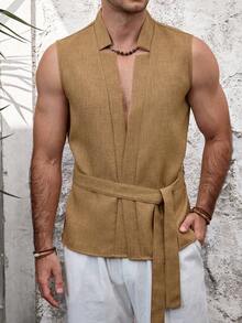 VENTUSAIL Men's Summer Casual Sleeveless Front-Open Shirt - Khaki - View 3