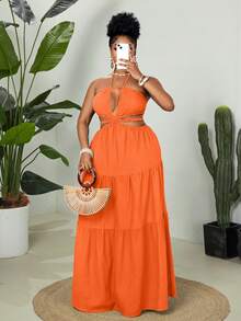 Maweii Plus Size Fashion Summer Strapless Dress - Orange - View 5