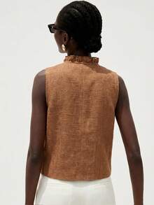 Aveloria Modichic Elegant Romantic Versatile French Style Sleeveless Shirt For Women, White Textured Crinkle Sheer Multi-Layer Ruffle Collar Design - Rust Brown - View 2
