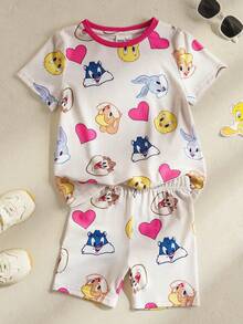 LOONEY TUNES X SHEIN Young Girl Casual Cute Cartoon Print Round Neck Short Sleeve T-Shirt And Shorts Set, Summer - Multicolor - View 1