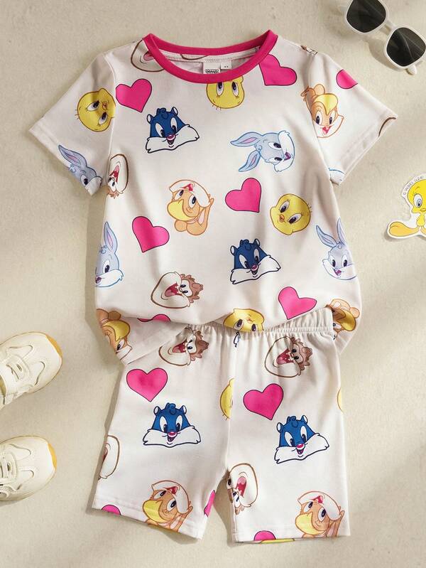 LOONEY TUNES X SHEIN Bộ đồ thể thao thường ngày cho bé gái, in hình hoạt hình dễ thương, gồm áo thun cổ tròn tay ngắn và quần short, thích hợp cho mùa hè.