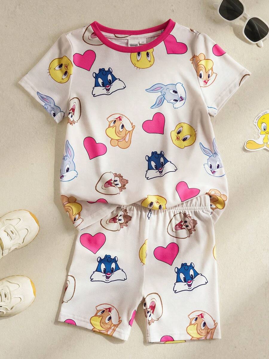 LOONEY TUNES X SHEIN Young Girl Casual Cute Cartoon Print Round Neck Short Sleeve T-Shirt And Shorts Set, Summer - Multicolor - View 1