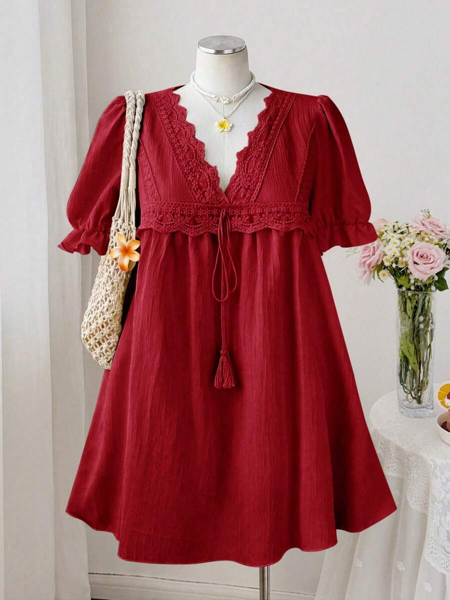 Sweetra Vestido casual, lindo y retro para fiesta o vacaciones, con cuello en V, encaje, parches, mangas cortas con volantes y cintura con lazo, talla grande - Burdeos - Ver 1