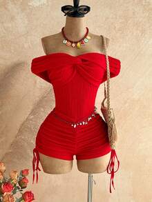 Soleia Women's Red Seksi Chic Holiday Vacation Textured Knit Off-Shoulder Ruched Drawstring Jumpsuit,Boho Beach Cruise Music Festival No Chest Padding - Red - View 1