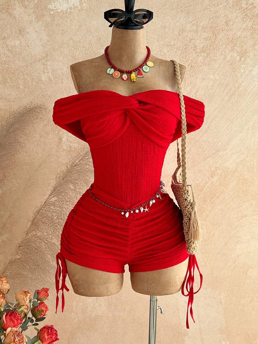 Soleia Women's Red Seksi Chic Holiday Vacation Textured Knit Off-Shoulder Ruched Drawstring Jumpsuit,Boho Beach Cruise Music Festival No Chest Padding - Red - View 1